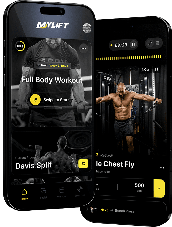 MYLIFT app showing home screen and workout tracking
