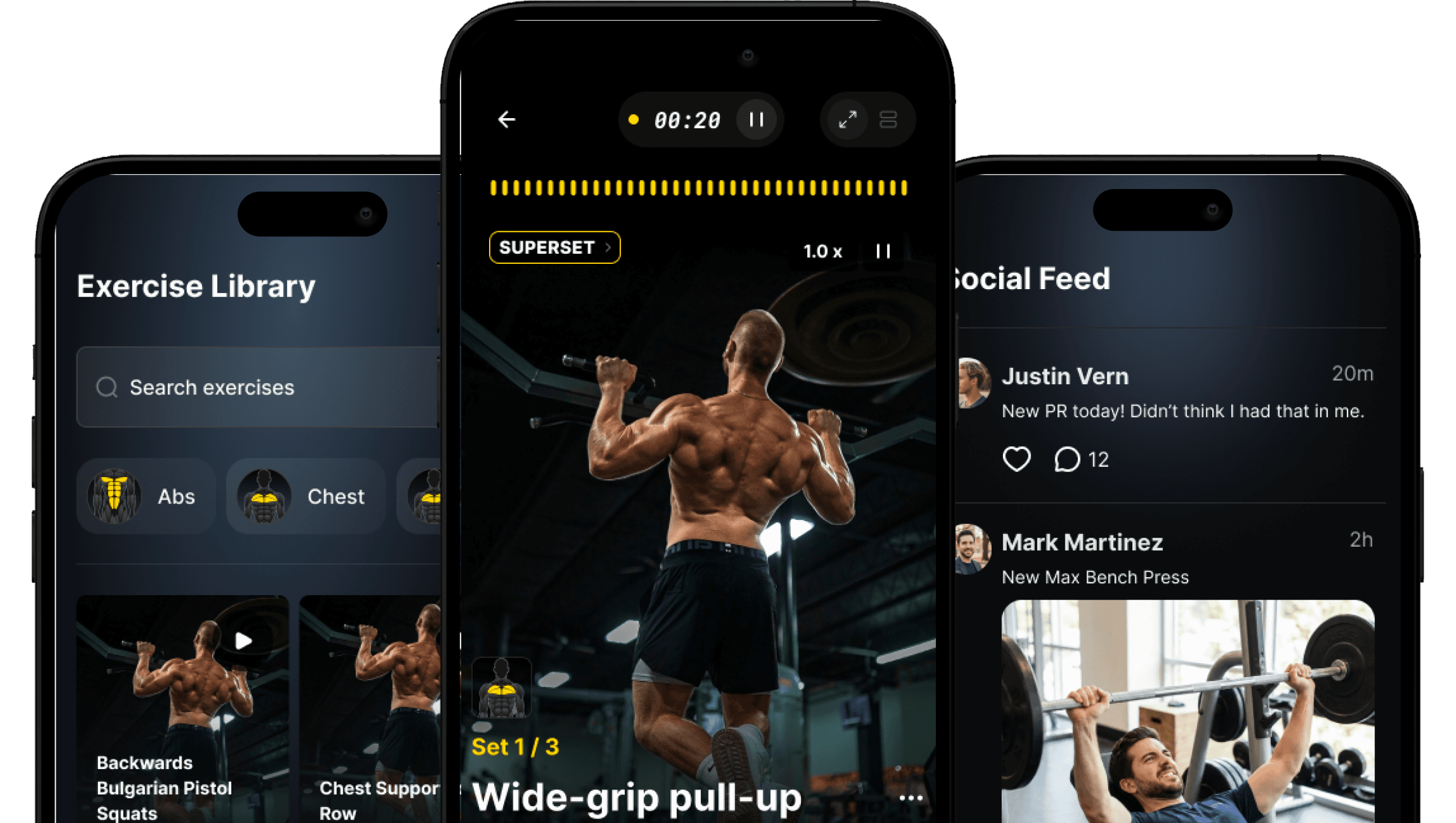 MYLIFT app screens showing Exercise Library, Workout Tracking, and Social Feed